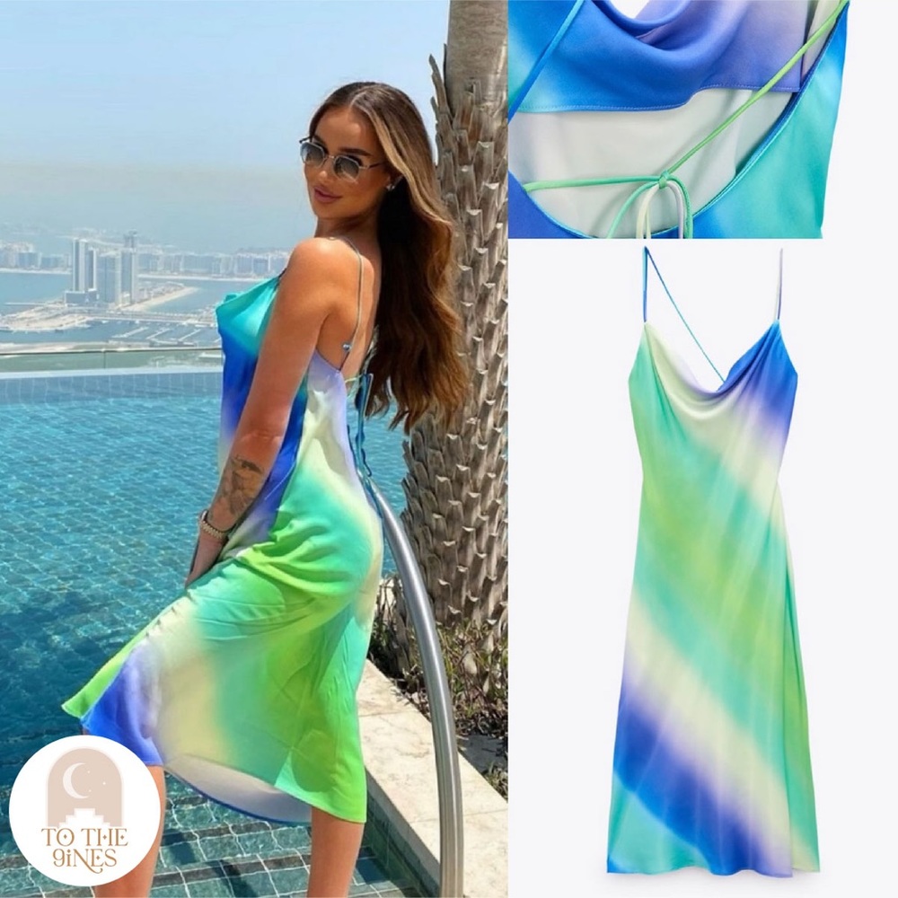 ZARA TIE-DYE OMBRÉ SATIN EFFECT DRESS BLUE GREEN